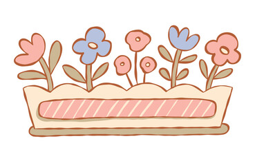 Garden long Flowerpot with Flowers. Hand drawn Cottage Floral Elements in soft Pastel colors. Cottagecore Aesthetic collection