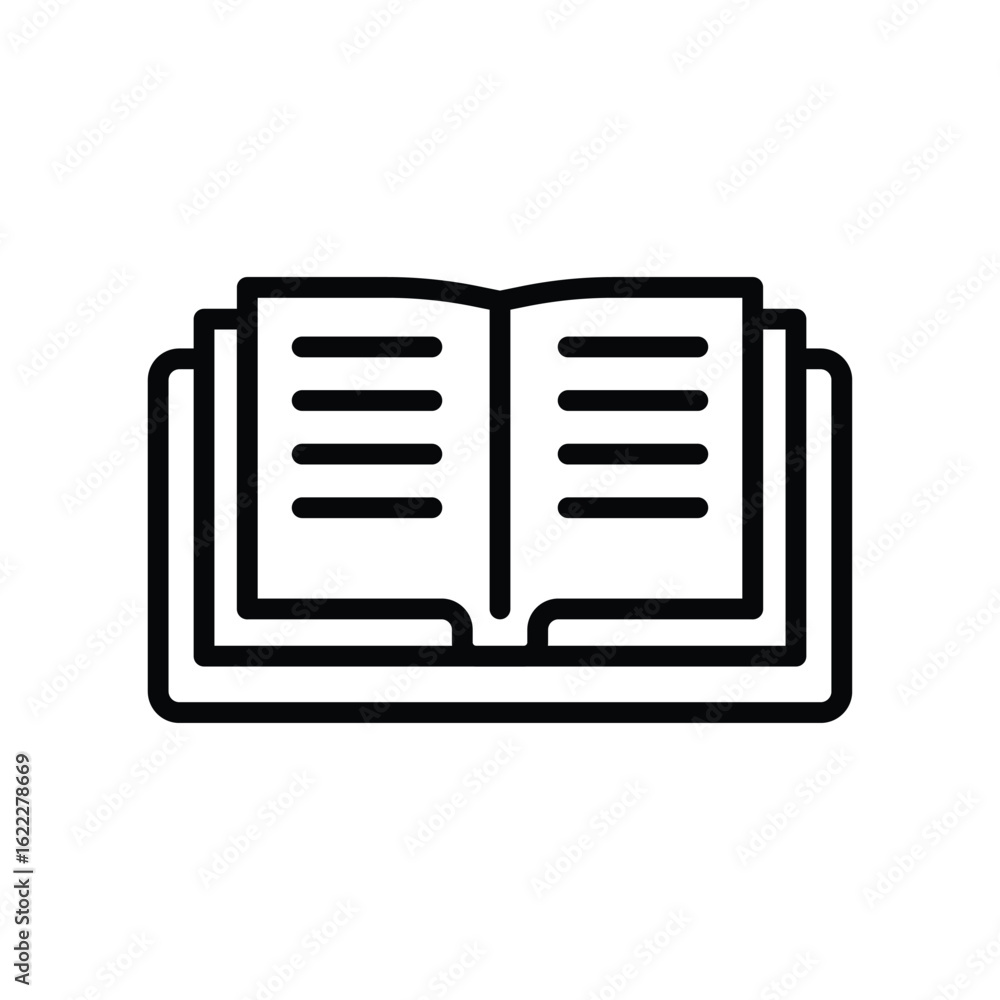 Poster black outline of an open book on a stand showing blank pages with horizontal lines suggesting text