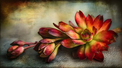 Vibrant Red and Yellow Succulent Plant Closeup Vintage Texture