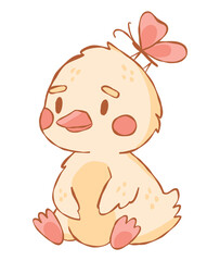 Cute baby Duck with Butterfly. Hand drawn Domestic Animal, Farm Isolated elements. Cottagecore Aesthetic Isolated stickers