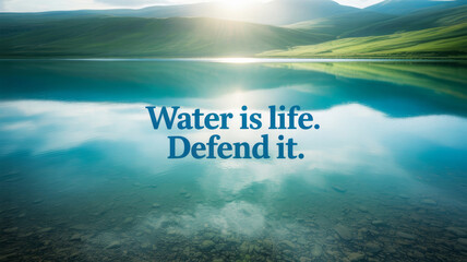 Water is life. Defend it.,clear blue lake water nature landscape reflection sunlight green hills peaceful outdoor scenic tranquil environmental conservation freshwater natural serene mountain sky