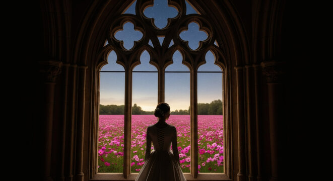 A new day's hope. Silhouette of a woman in an elegant dress looks through a large arched window onto a beautiful blooming field.