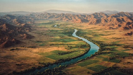 High-angle view of a river winding through a valley nestled between mountains, farmland visible