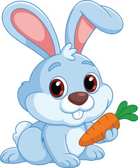 Adorable blue bunny holding carrot, cartoon rabbit illustration, children's animal character, cute vector drawing, educational use, playful design element