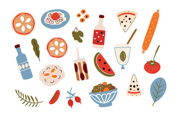 Whimsical Food Collection: A colorful array of food items, artfully arranged on a flat surface, evoking a sense of delight and culinary exploration.