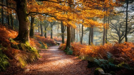 Obraz premium Scenic trail winds through vibrant autumn forest with golden foliage and filtered sunlight