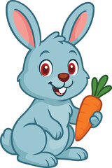 Blue cartoon bunny holding carrot, adorable rabbit illustration, children's character, happy animal design, vector artwork, kids decor, playful theme