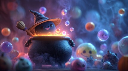 Naklejka premium A potion-making witch stirring her glowing cauldron, halloween.