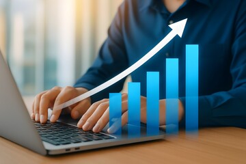 A person is shown typing on a laptop keyboard. Overlaying the keyboard and extending upwards is a prominent glowing white arrow indicating an upward trend, accompanied by a series of blue bar graphs t