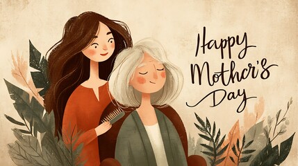 and charming vector illustration showing a loving daughter brushing her elderly mother’s hair while they smile at each other, surrounded by warm tones and a pastel background, with a heartfelt 