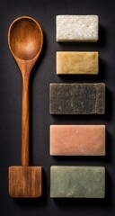 Wooden spoon and assorted artisanal soaps on dark background
