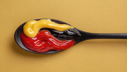 Black wooden spoon holding three sauces mustard, ketchup, and relish