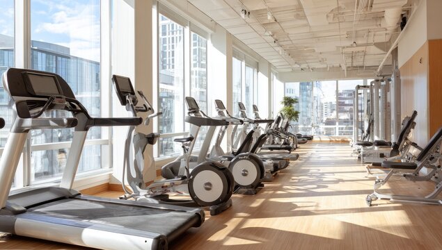 Modern gym interior with many treadmills and stationary bikes. Large windows offer city views - Powered by Adobe
