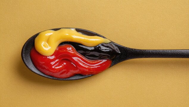 Black wooden spoon holding three sauces mustard, ketchup, and relish