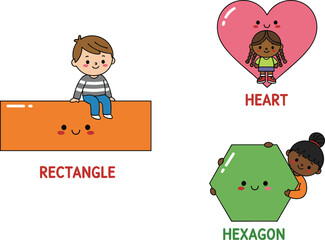 Cartoon children learning shapes, rectangle, heart, hexagon, educational illustration, cute preschool kids, classroom activity, colorful, playful, fun, knowledge