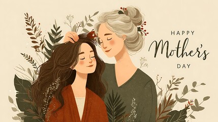 and charming vector illustration showing a loving daughter brushing her elderly mother’s hair while they smile at each other, surrounded by warm tones and a pastel background, with a heartfelt 