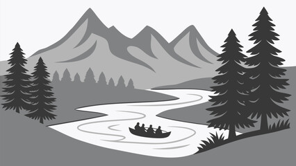 Fototapeta premium Rafting Adventure Silhouette on Mountain River Scene