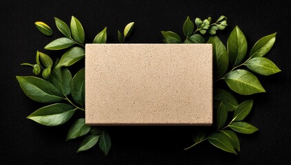 Beige rectangle framed by vibrant green leaves on black background