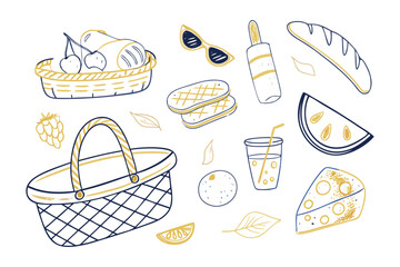 Picnic Delights: An artistic illustration that embodies the essence of a relaxed outdoor meal with carefully curated objects that create a cheerful mood.