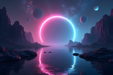 A glowing neon arch floats above a mirror-black ocean beneath a galaxy sky with surreal elements like stars, planets, and floating rocks.