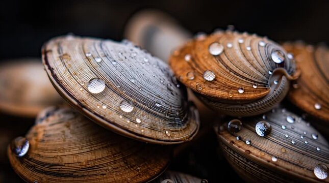 Close Up Macro Shot of Wet Clamshells with Water Droplets.