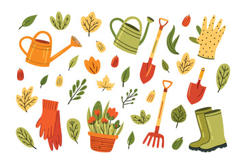 Gardening Tools and Flora: An assortment of vibrant gardening essentials, meticulously arranged amidst a collection of botanical elements.