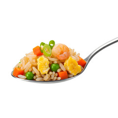 Spoonful of Delicious Fried Rice with Shrimp and Vegetables isolated on a transparent background 