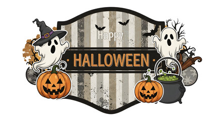 Halloween celebration design with ghosts, pumpkins, bats, and "Happy Halloween" text on transparent background, for greeting card.