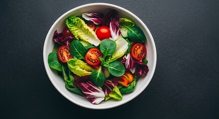 Fresh garden salad with mixed greens and cherry tomatoes in a white bowl