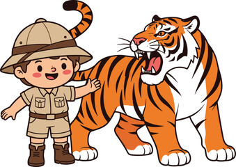Cute cartoon explorer child, safari hat, standing beside roaring tiger, jungle background, wildlife adventure illustration, fun educational character design © Ideasy Mind