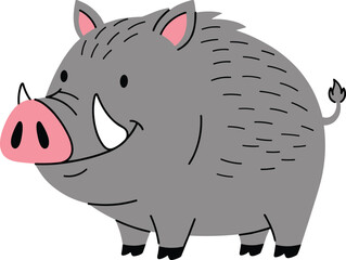 Cute cartoon warthog with pink nose and tusks, wild animal character, adorable boar drawing, children's illustration, forest creature, vector art