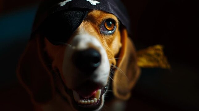 Adorable Beagle Dog Wears Pirate Hat and Eye Patch for Fun.