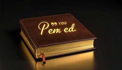 A brown leather-bound book with gold-gilded edges rests on a dark surface; illuminated text on the cover reads "Pen ed.
