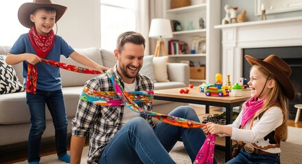 A dad being playfully "tied up" with scarves by his laughing kids, who are pretending to be cowboys and he is the captured outlaw.