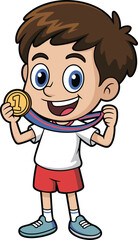 Happy cartoon boy holding gold medal, proud champion, smiling winner child in sportswear, celebrating achievement, victory, competition, success, award moment