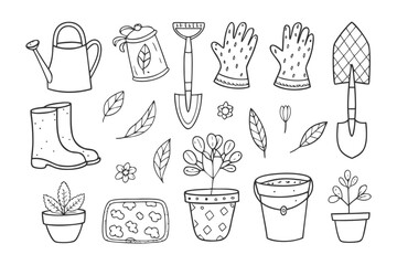 Garden Tools Monochrome Illustration: A delightful monochrome illustration showcases a variety of essential gardening tools and equipment, perfect for any horticultural enthusiast.
