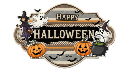 Happy Halloween sign with witch and ghost sticker on transparent background for greeting card and party invitation.