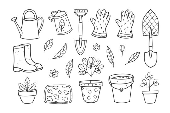 Garden Tools Monochrome Illustration: A delightful monochrome illustration showcases a variety of essential gardening tools and equipment, perfect for any horticultural enthusiast.