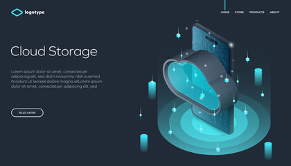 Digital isometric illustration of a futuristic cloud storage concept: an isometric cloud icon connected to a smartphone, surrounded by data symbols and tech elements representing online data security.
