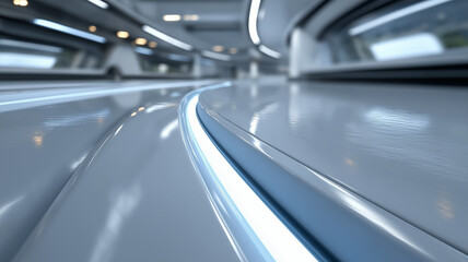 Clean futuristic digital environment with soft blue holographic lights, swirling data streams, metallic textures, and floating interface elements for sci-fi metaverse or UI design backdrops