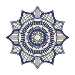 Vector mandala isolated on white background. Ornament card with mandala on blue and beige colors. Oriental pattern, vintage decorative element for design