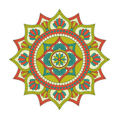 Vector mandala isolated on white background. Ornament card with mandala on red and green colors. Oriental pattern, vintage decorative element for design