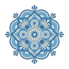 Vector mandala isolated on white background. Ornament card with mandala on blue and grey colors. Oriental pattern, vintage decorative element for design