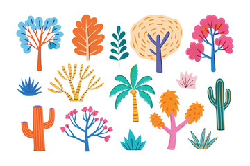 Obraz premium Vibrant Flora: A delightful collection of stylized trees and plants bursts with vivid colors and unique shapes, offering a fresh perspective on natural elements.