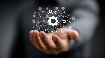 IT Consulting. Businessman holds digital consulting network connecting icon representing IT solutions, focusing on innovation, strategy, optimization, growth, and technology-driven success