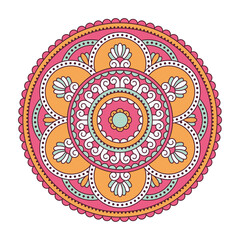 Vector mandala isolated on white background. Ornament card with mandala on rose, white and green colors. Oriental pattern, vintage decorative element for design
