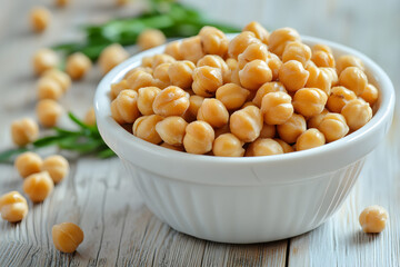 Yellow chickpeas fill a white bowl on a rustic wood surface. Illustrates a healthy food choice for product photography or recipe templates.