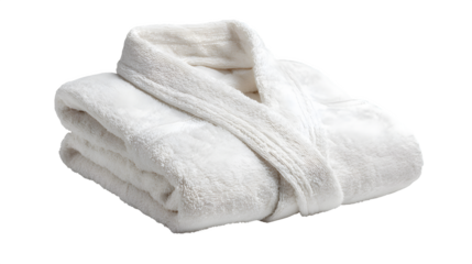 A single, soft, white cotton bathrobe, neatly folded, isolated on a pure Transparent Background.