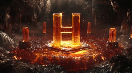 Glowing 'H' in fiery cave, intro sequence, fantasy