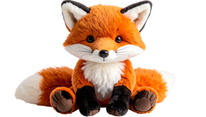  red fox plush stuffed toy, isolated on transparent PNG background.